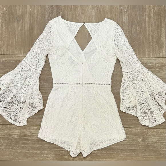 Lulus Lace Romper White Faux Wrap Bell Sleeve S - Picture 6 of 13